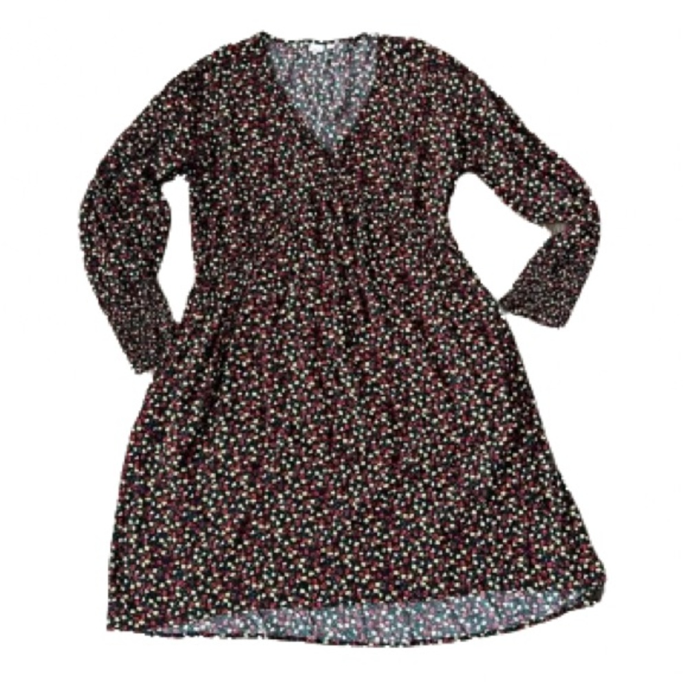 GAP Black Floral Empire Waist A-Line Long Sleeve Elastic Sleeve Dress